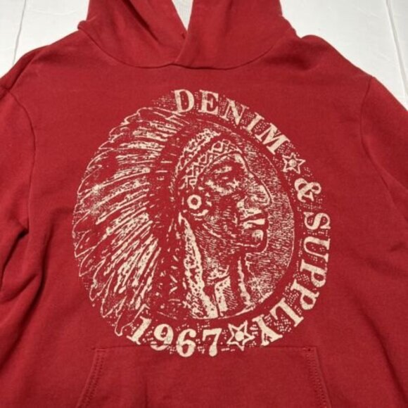 Denim Supply Ralph Lauren Mens Pullover Terry Hoodie Native Chief Size M Red - Picture 3 of 7